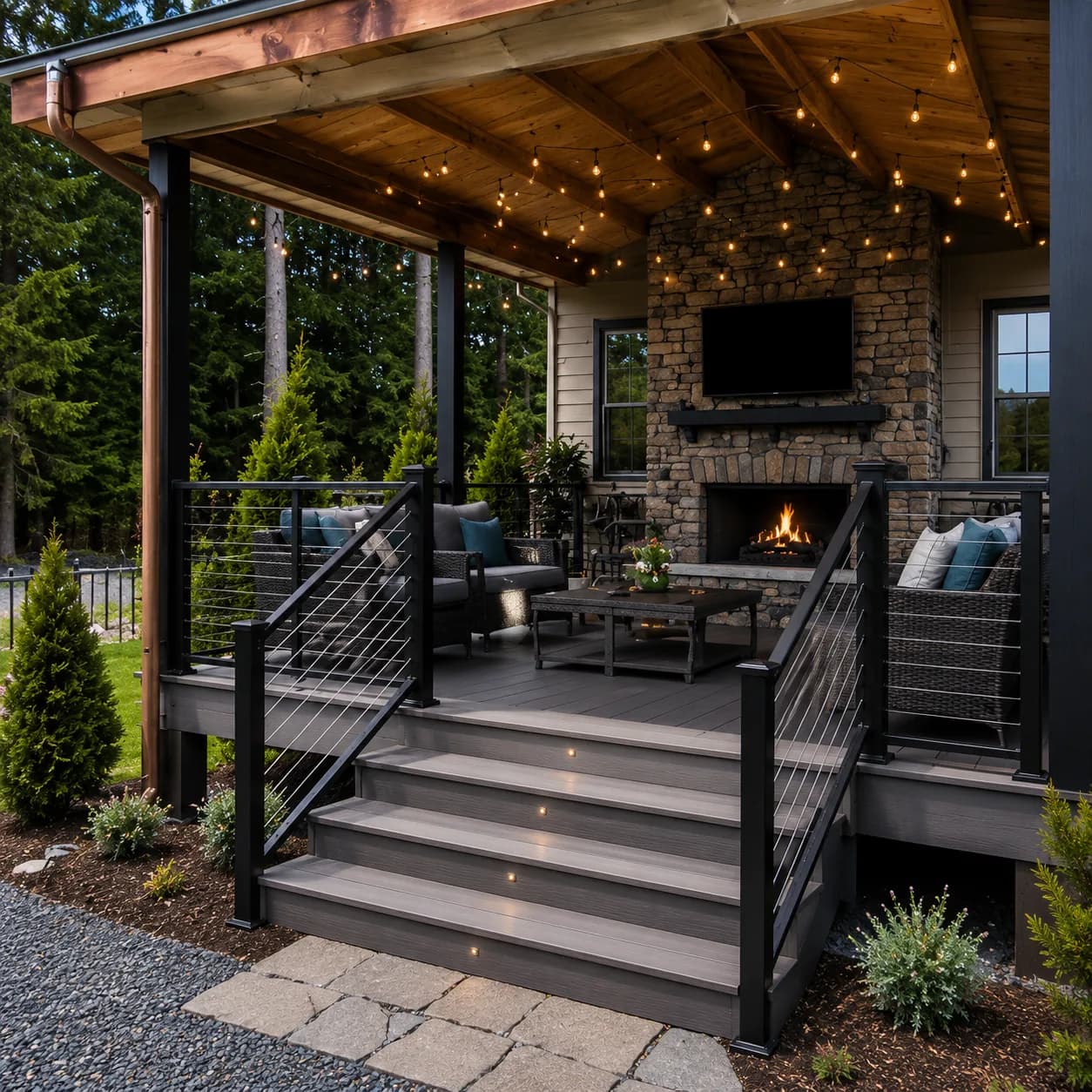 Covered deck with a stone fireplace and string lights at dusk
