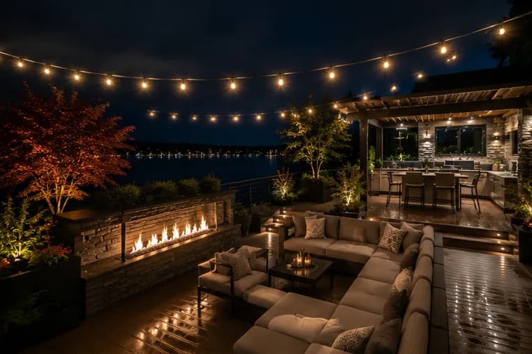 Composite deck lit for evening outdoor living in Woodinville, Washington