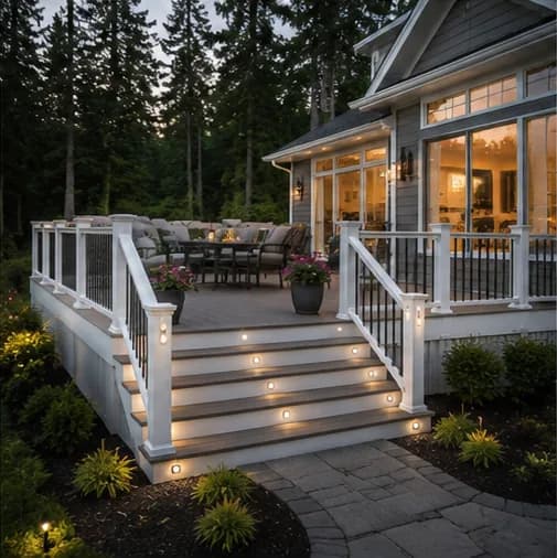 Deck lit with low-voltage stair and landscape lighting at dusk